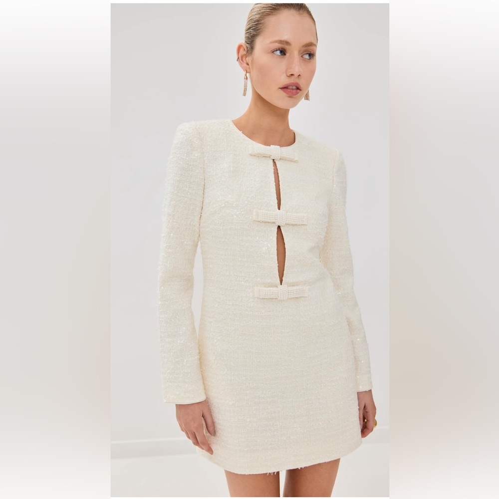 Self-Portrait CREAM BOUCLE DIAMANTE BOW MINI DRESS